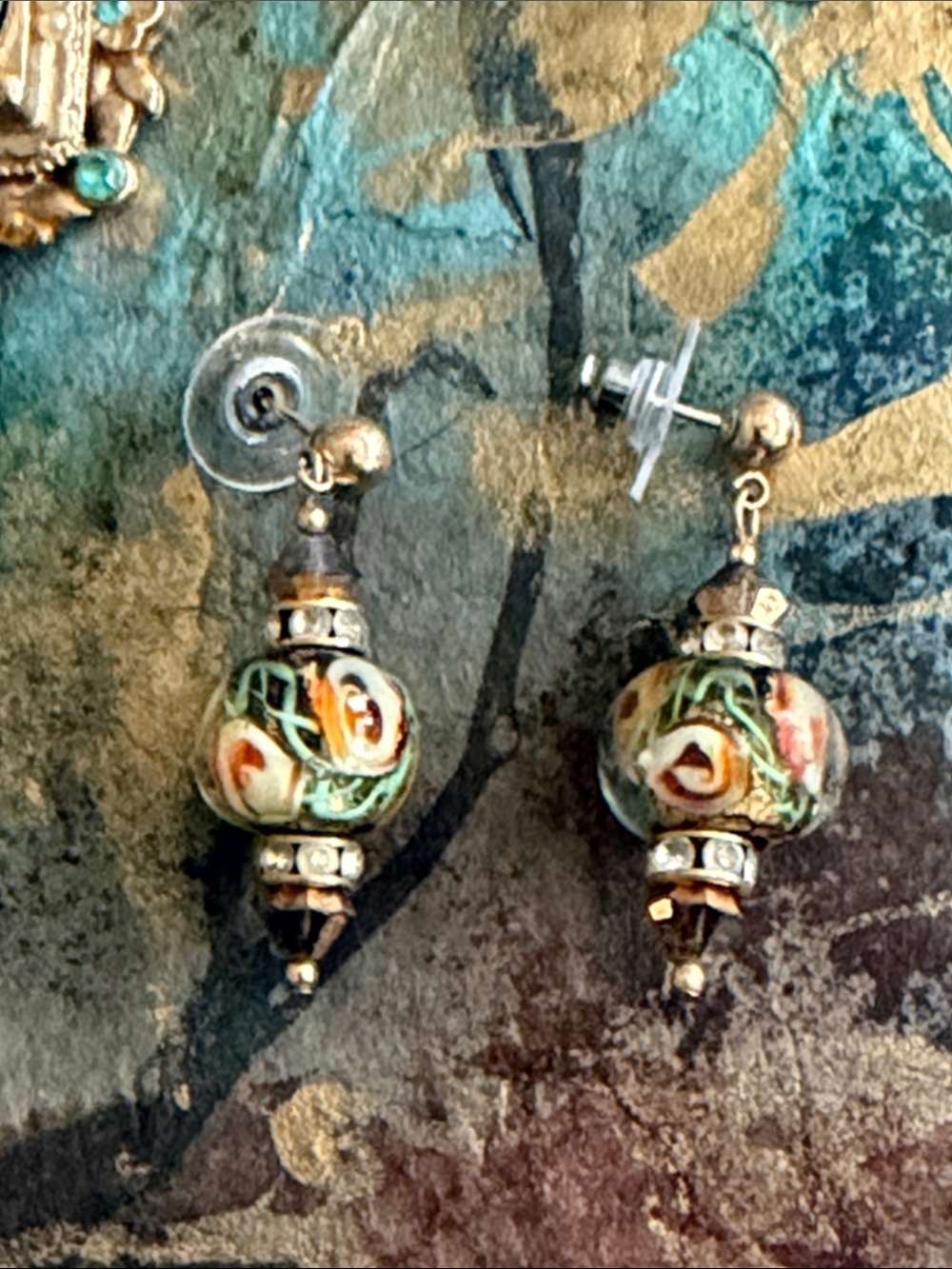 Handmade blown glass orange flowers crystal rhondelles posts pierced earrings
